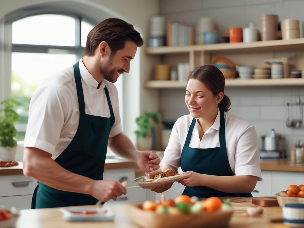 A hyper-realistic close-up shot of a support worker assisting a participant with daily living tasks, such as meal preparation. The scene should depict a warm kitchen environment, emphasizing the supportive nature of the interaction. Focus on the expressions of both individuals, showcasing a sense of comfort and collaboration.