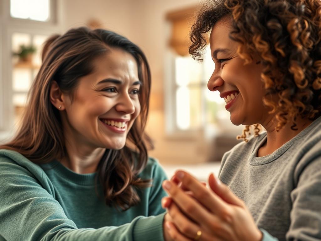 A close-up shot of a smiling support worker engaging with a participant in a warm, inviting environment. The background showcases a cozy living space with natural light, emphasizing comfort and care. The focus should be on the supportive interaction, capturing a moment of connection and encouragement, with a vibrant color palette that aligns with the #1C6220 primary color.