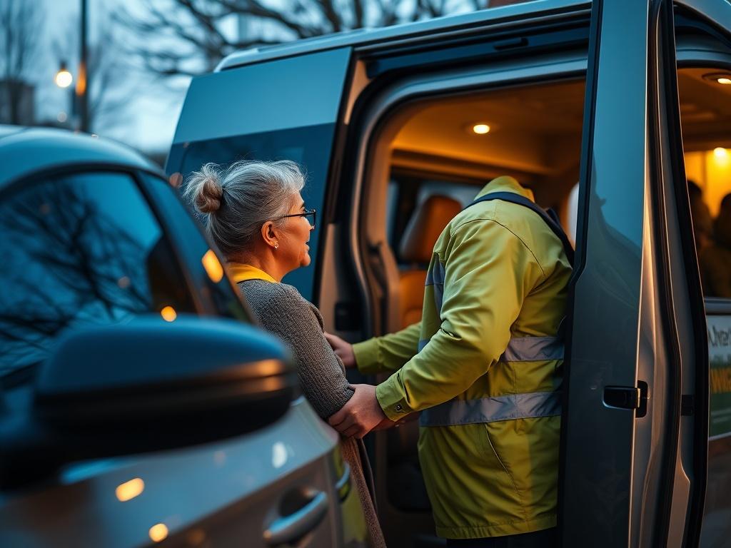 A close-up shot of a support worker assisting a participant into a vehicle, showcasing care and attention. The vehicle is modern and accessible, parked in a well-lit area. The background includes elements of the community, reflecting an atmosphere of support and mobility, while maintaining a color scheme aligned with the #1C6220 primary color.