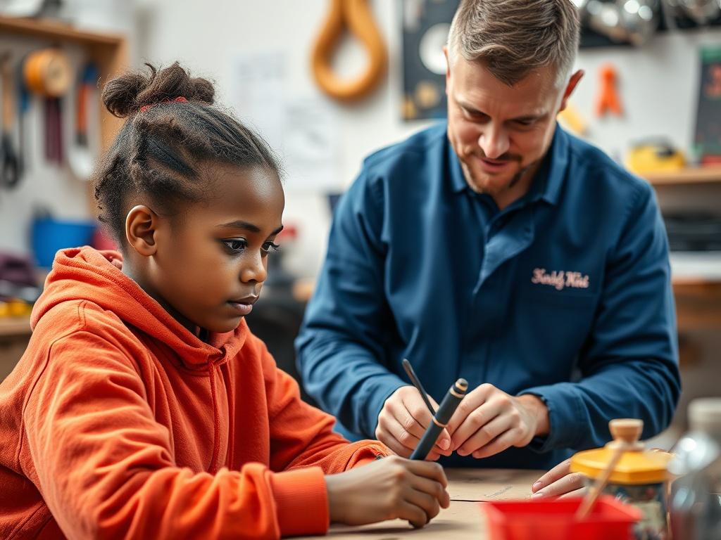 A close-up shot of a participant engaged in a skill development session with a support worker. The scene captures a moment of learning, with tools and resources visible in the background. The atmosphere should be encouraging and dynamic, emphasizing growth and empowerment, while featuring colors that harmonize with the #1C6220 primary color.