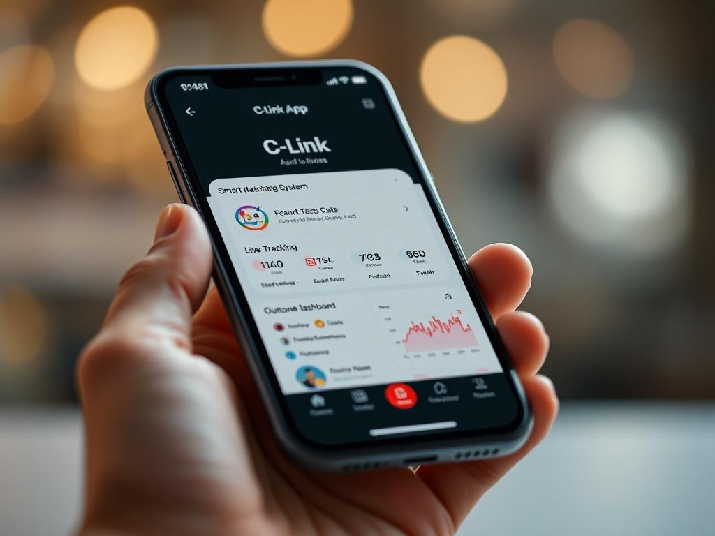 A close-up shot of a smartphone displaying the C-Link App interface showcasing its features like smart matching system, live tracking, and outcome dashboard. The background should be blurred to emphasize the phone, with a color palette compatible with the #1C6220 primary color.