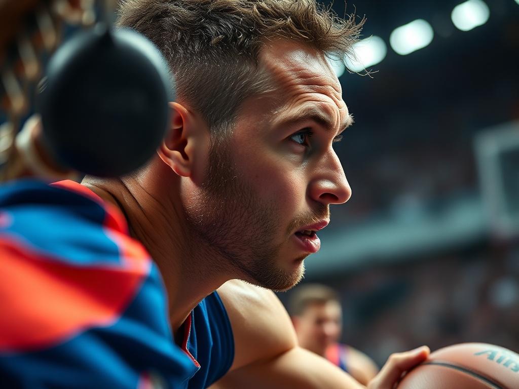 A hyper-realistic close-up shot of an athlete mid-action during a game, showcasing intense focus and determination. The background is blurred to emphasize the athlete, capturing the energy of the moment. The image should be vibrant and full of life, highlighting the athlete's expression and movement, shot with a 45mm f/1.2 lens.