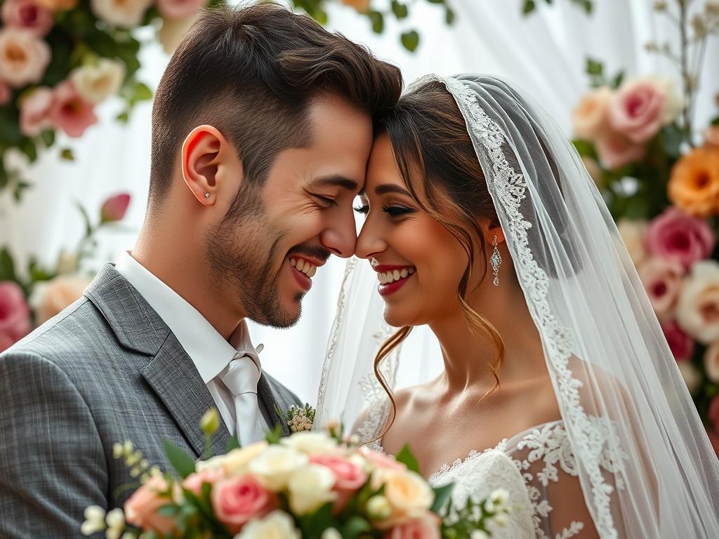 A close-up shot of a bride and groom sharing a joyful moment during their wedding ceremony, surrounded by beautiful floral arrangements. The focus is on their expressions of love and happiness, captured in hyper-realistic style with a 45mm f/1.2 lens.