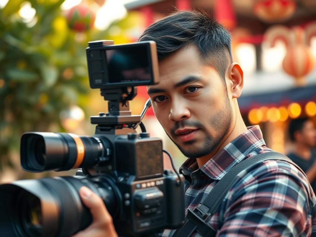 A hyper-realistic close-up shot of a professional videographer using a camera, focused on capturing a lively outdoor event. The background features blurred greenery and festive decorations, showcasing a joyful atmosphere. The videographer is in action, with a focused expression, emphasizing the art of capturing moments. The lighting is warm, enhancing the lively colors of the scene, and the composition is simple, with the subject prominently displayed.
