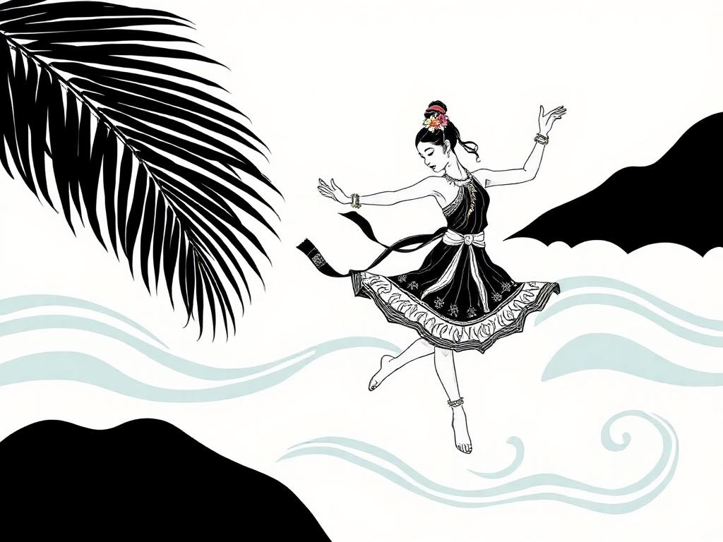 Create a high-quality illustration that reflects the theme "Celebrating 15 Years of Pacific Dance." The composition should be simple and clear, featuring a single subject: a graceful Pacific dancer in mid-motion, embodying the fluidity and vibrancy of contemporary and heritage Pacific Dance. The dancer should be dressed in traditional Pacific attire, adorned with colorful floral elements and cultural accessories that symbolize the rich heritage of the Pacific Islands.

The background should be minimal yet evocative, showcasing soft hues of ocean blues and greens that represent the Pacific Ocean, with subtle wave patterns suggesting movement and rhythm. Incorporate elements of nature, such as palm leaves or gentle waves, to enhance the connection to the Pacific culture without distracting from the dancer.

The overall illustration should evoke a sense of celebration and cultural pride, inviting viewers to reflect on the significance of this milestone in Pacific Dance history. The style should maintain crisp, solid black line drawings, embracing the elegance of the dancer while capturing the essence of the Pacific spirit.