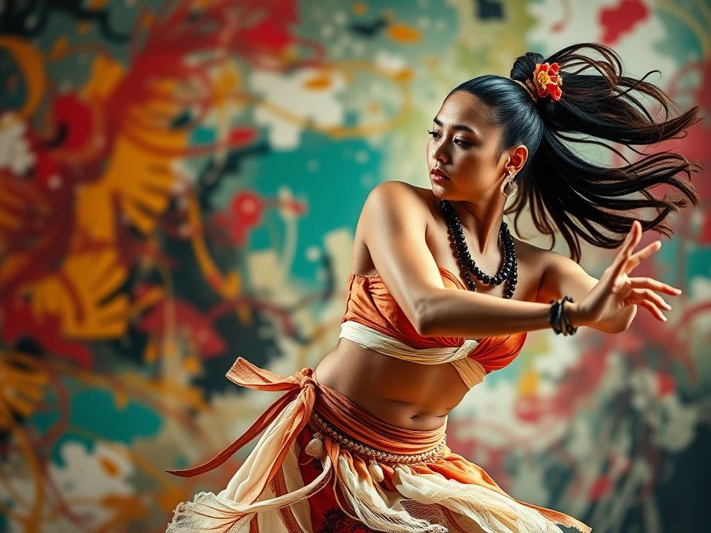 A close-up shot of a contemporary Pacific dancer in mid-motion, displaying a powerful and fluid pose. The dancer's attire is modern yet inspired by traditional elements, with a vibrant background of abstract colors that evoke energy and movement.