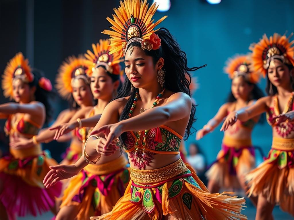 A close-up of a dynamic dance performance, showcasing a group of dancers in vibrant costumes executing synchronized movements. The scene is set on stage with colorful lighting, emphasizing the energy and passion of the performers. The focus is on the dancers’ expressions and the intricate details of their attire, capturing the essence of contemporary and heritage Pacific Dance.