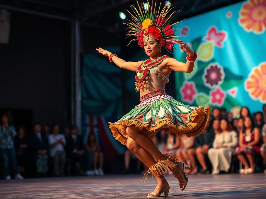 A vibrant scene from a Pacific dance festival, featuring a dancer in traditional costume performing gracefully on stage, with colorful backdrops that represent the Pacific Islands. The focus is on the dancer’s expressive movements and intricate details of the costume, capturing the energy and celebration of Pacific heritage. The background is lively, with an audience engaged in the performance, showcasing a festive atmosphere.