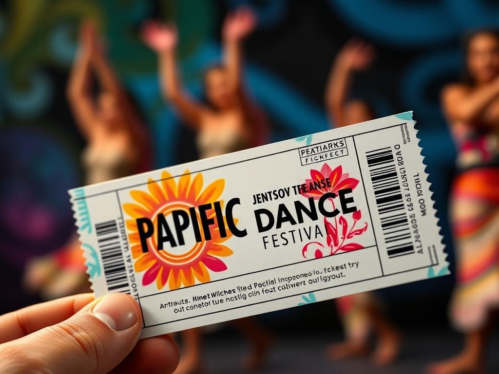 A visually appealing graphic showcasing a ticket for the Pacific Dance NZ Festival, highlighting design elements inspired by Pacific culture. The ticket features vibrant colors and patterns, symbolizing the festival’s spirit. The background should include imagery of dancers in motion, creating an inviting atmosphere that encourages viewers to purchase tickets for the event.