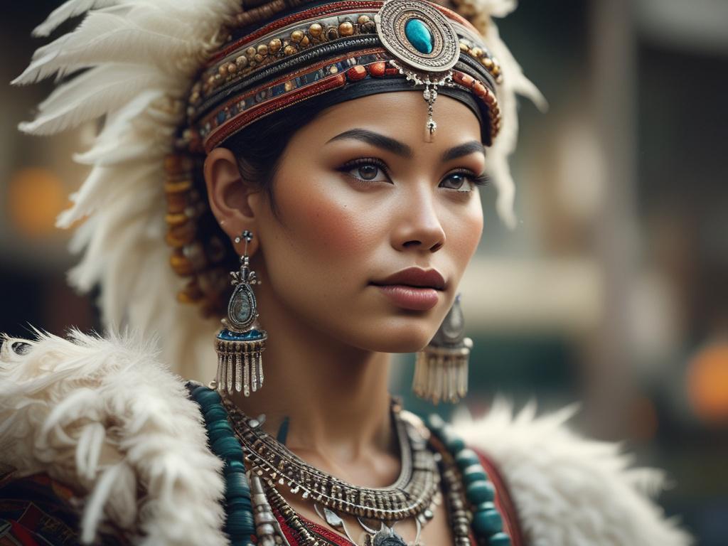 A close-up shot of a Pacific dancer in traditional attire, gracefully performing against a simple, soft background that highlights the intricate details of the costume. The dancer is in mid-motion, showcasing an expressive pose that captures the essence of Pacific culture. The lighting is warm and inviting, enhancing the rich colors of the costume. Shot with a 45mm f/1.2 lens for a hyper-realistic effect.