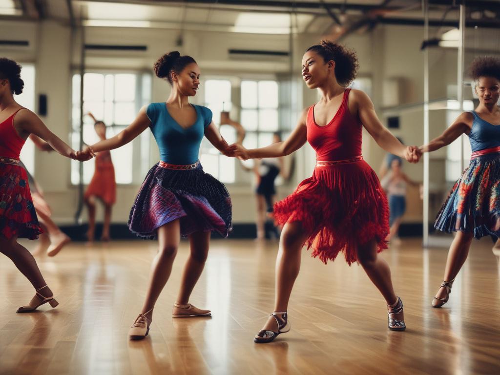 A vibrant and dynamic close-up shot of a group of diverse dancers participating in a workshop, showcasing a mix of traditional and contemporary Pacific dance styles. The background features a bright, open studio space filled with natural light. Focus on the expressions of joy and concentration on the dancers' faces as they move together, highlighting their connection to Pacific culture. Captured with a 45mm f/1.2 lens for a hyper-realistic look.