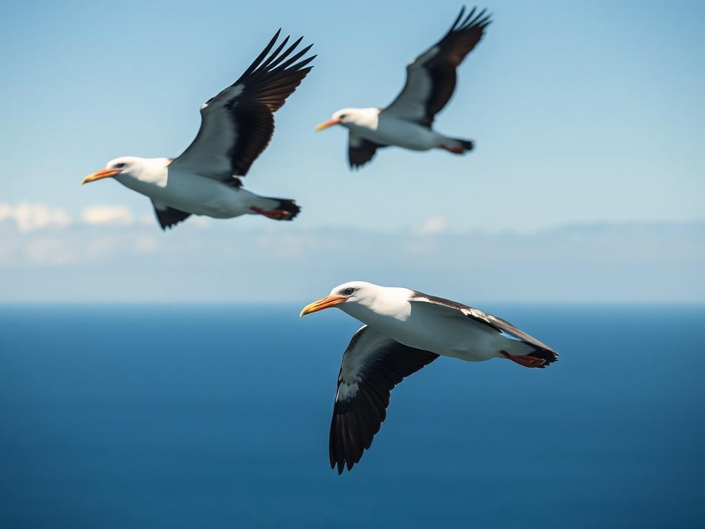 A close-up shot of three frigate birds soaring gracefully above the Pacific Ocean. The birds are depicted in their striking black and white plumage, with their wings spread wide, showcasing their impressive wingspan. The background features the deep blue of the ocean and a clear sky, creating a serene and majestic atmosphere. The focus is solely on the birds, highlighting their elegance and freedom in flight.