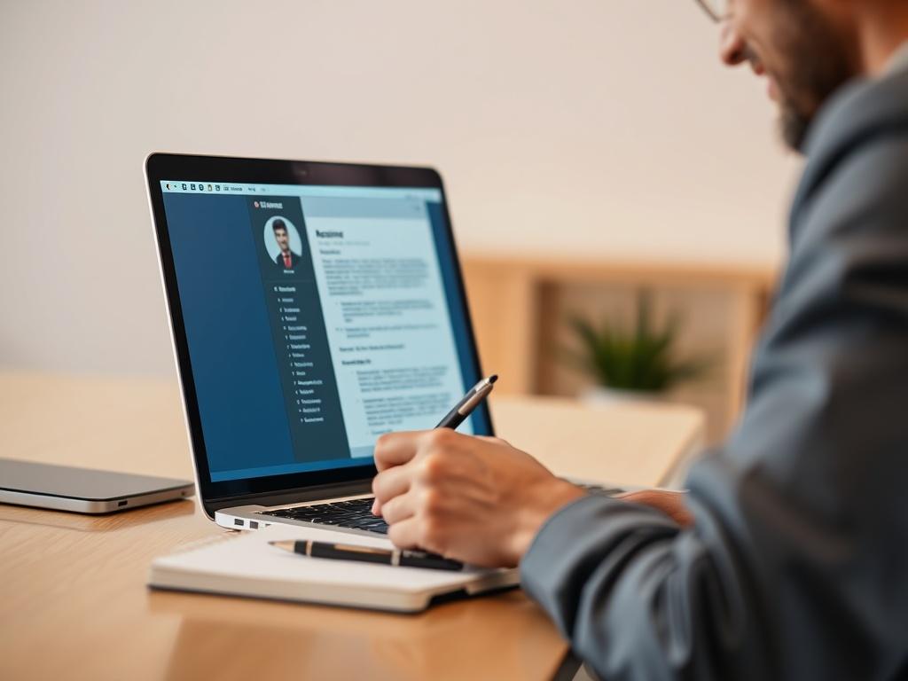 A close-up shot of a professional looking at a resume on a laptop screen. The person is focused and engaged, with a slight smile, while jotting down notes on a notepad. The background is a soft, blurred office setting, emphasizing the individual and the resume on the screen. The color scheme incorporates the rgb(50, 170, 39) primary color, creating a vibrant and inviting atmosphere.