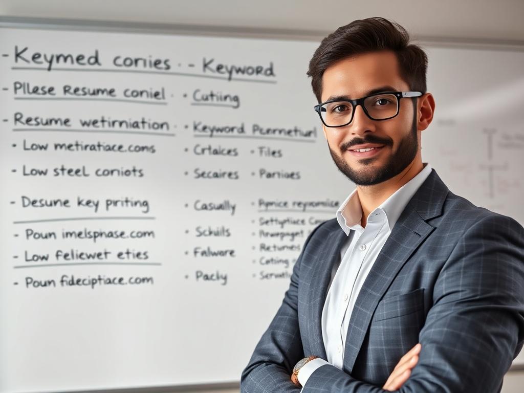 A high-resolution image of a professional standing confidently in front of a whiteboard filled with keywords and strategies for resume optimization. The individual is dressed in business attire, with a focused expression as they point at the board. The background is softly blurred to keep the attention on the subject. The primary color rgb(50, 170, 39) subtly highlights elements in the setting, enhancing the professional atmosphere.