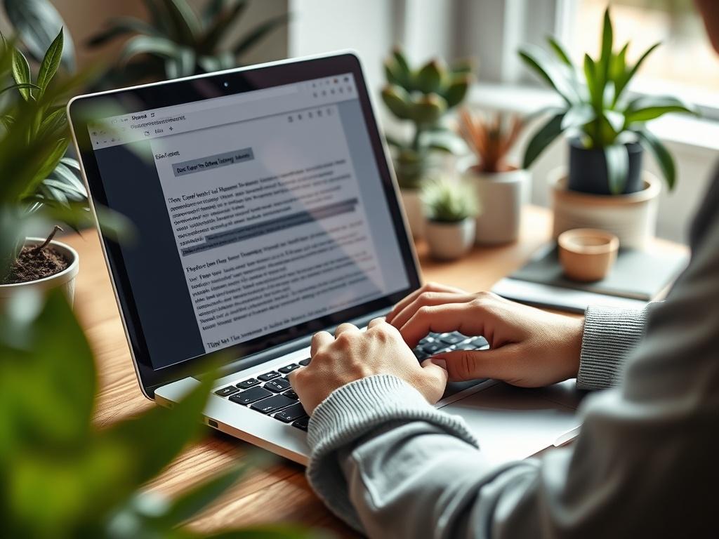 A stunning close-up shot of a person typing on a laptop, with a cover letter being drafted on the screen. The individual appears focused and excited, surrounded by a cozy workspace filled with plants and light. The background is softly blurred, focusing on the screen and the person's hands. The primary color rgb(50, 170, 39) is incorporated into the workspace elements, creating a warm and inviting environment.