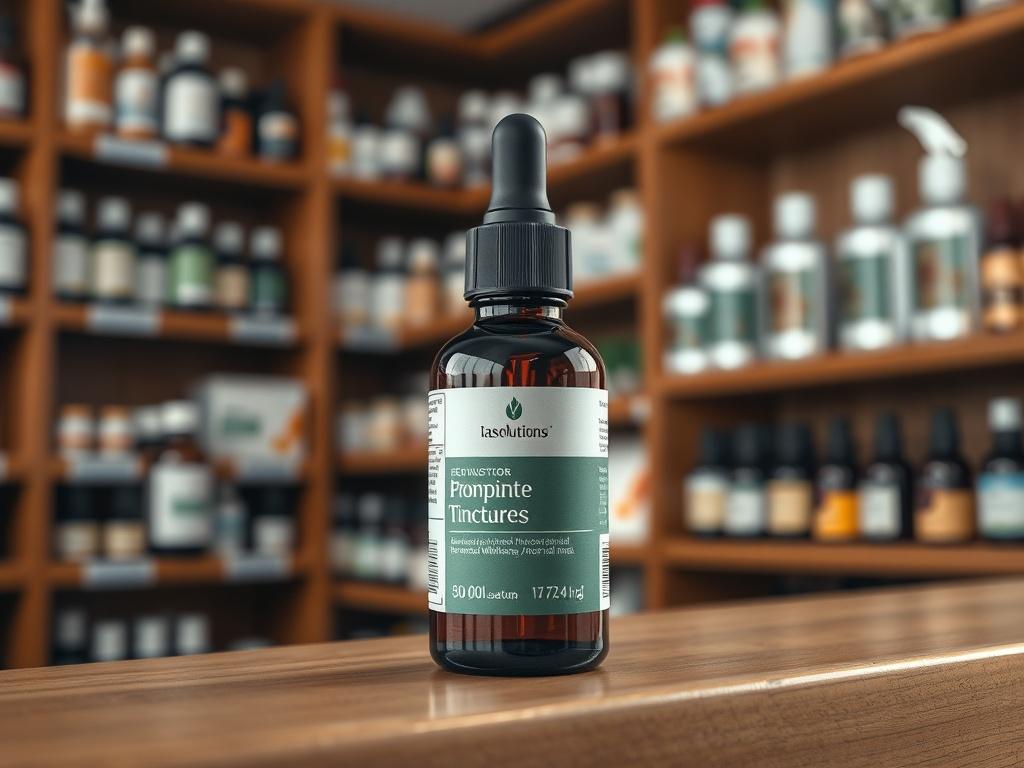 A close-up shot of a sleek, high-quality tincture bottle placed on a wooden pharmacy shelf. The bottle is dark glass with a dropper cap, showcasing a label that indicates it contains a blend of natural ingredients for mental wellness. The background features blurred shelves filled with other health products, creating a warm and inviting atmosphere. The lighting is soft and inviting, highlighting the rich color of the tincture inside the bottle. The image should evoke a sense of trust and professionalism, re