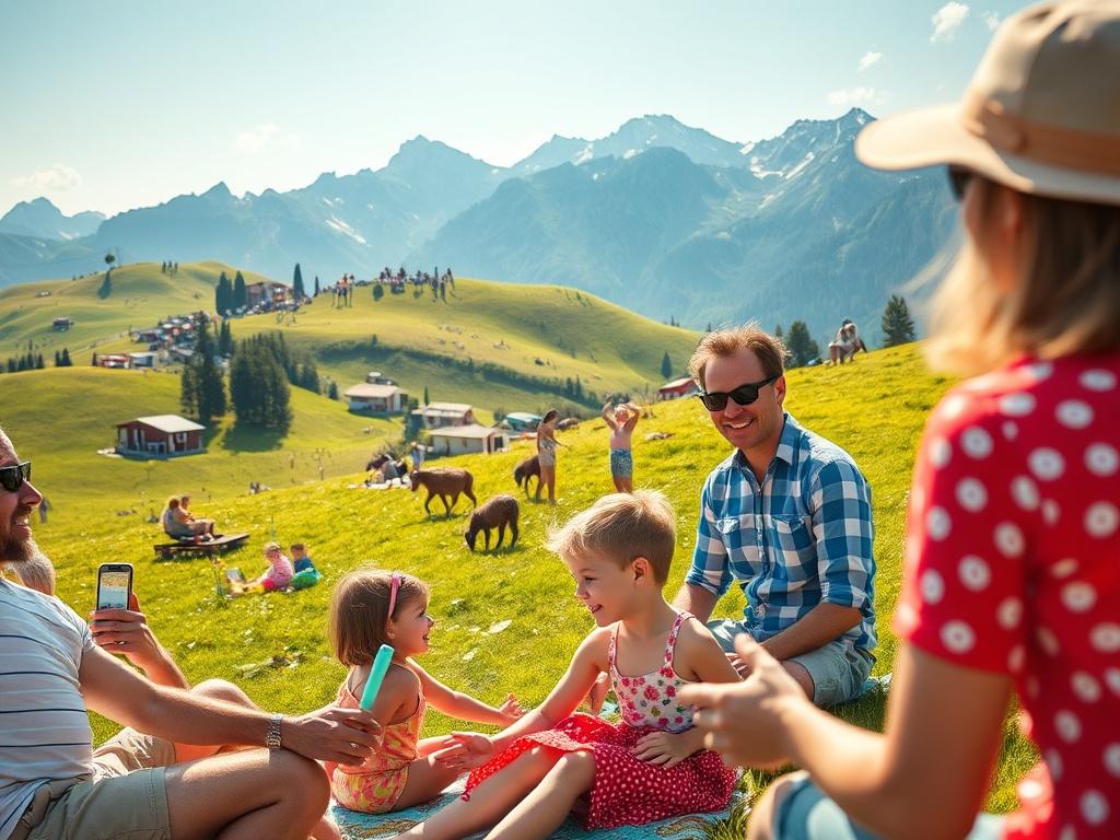 A vibrant summer scene in Austria, showcasing lush green hills