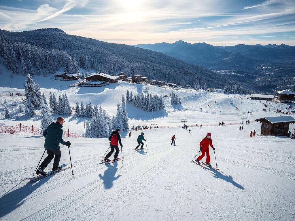 A picturesque winter landscape featuring ski slopes in a popular