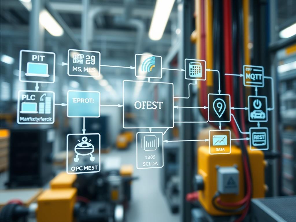 A hyper-realistic close-up shot of a digital interface displaying data flows between various manufacturing systems like ERP, MES, SCADA, and PLC. The background should be a clean, modern factory setting, emphasizing technology and connectivity. The image should focus on the intricate details of the interface, showcasing the flow of data with visual elements representing open standards like OPC UA, MQTT, and REST. The primary color should be rgb(29, 198, 181), enhancing the technological aesthetic.