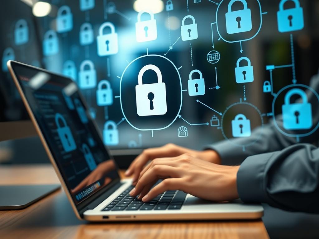 A high-resolution close-up shot of a cybersecurity expert working on a computer, surrounded by digital security icons like locks and shields in the background. The scene focuses on the expert's hands typing on a laptop, conveying a sense of action and expertise. The background should be slightly blurred to emphasize the expert and the technology, with a modern office setting that reflects a professional environment.