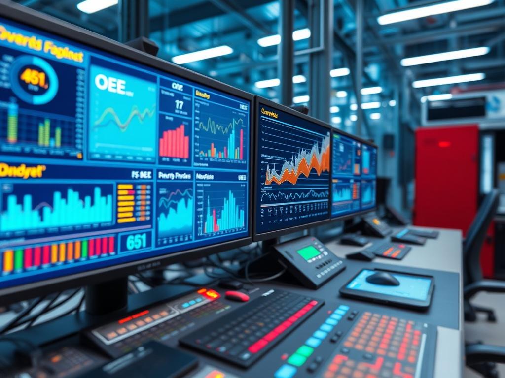 A close-up shot of a modern manufacturing control room featuring high-tech dashboards displaying real-time data analytics on Overall Equipment Effectiveness (OEE) and Statistical Process Control (SPC). The background should be blurred to focus on the vibrant digital screens with graphs and metrics, showcasing the power of data in the manufacturing industry. The color scheme should complement the primary color rgb(29, 198, 181), enhancing the futuristic feel of the environment.