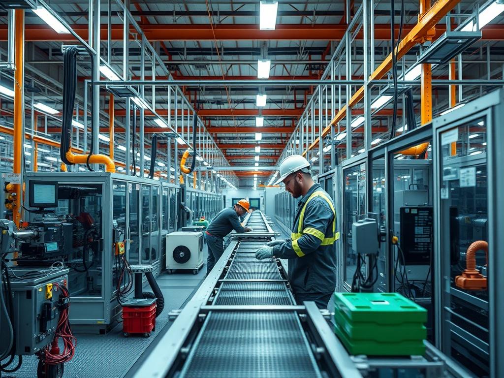 A hyper-realistic close-up shot of a manufacturing facility's operational floor, showcasing the industrial pyramid concept. The composition should focus on a single assembly line worker interacting with advanced machinery, illustrating the efficiency and integration of Manufacturing Operations Management. The background should depict various levels of the industrial pyramid, highlighting data management systems, MES, and PLC programming, subtly integrated into the scene. The overall tone should reflect a mo