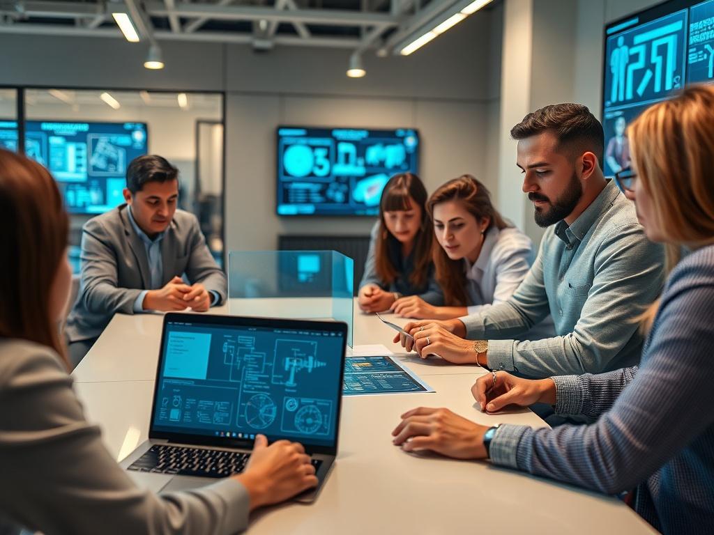 A close-up shot of a digital manufacturing strategy meeting. The scene features a diverse team of professionals gathered around a sleek conference table, reviewing a complex integration blueprint on a laptop screen. They are engaged, discussing key performance indicators like OEE, Right-First-Time, and Lead Time. The background includes a modern office with digital displays and manufacturing diagrams. The image should reflect a high-tech atmosphere, showcasing collaboration and strategic planning in digital