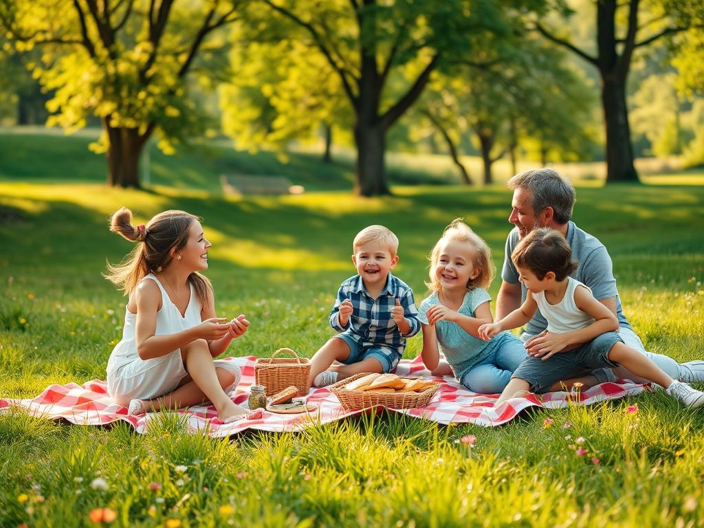Create a realistic high-resolution image that perfectly captures the essence of "Budget-Friendly Family Vacations." The composition should be simple and clear, featuring a joyful family of four—parents and two children—enjoying a picnic in a lush green park. The family is seated on a vibrant, checkered picnic blanket, surrounded by an assortment of home-packed snacks and sandwiches, conveying a sense of togetherness and fun. The parents are laughing as the children playfully chase each other around, embodyi