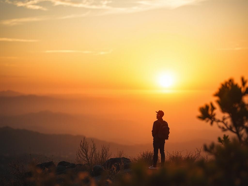 A serene travel scene featuring a lone traveler standing atop
