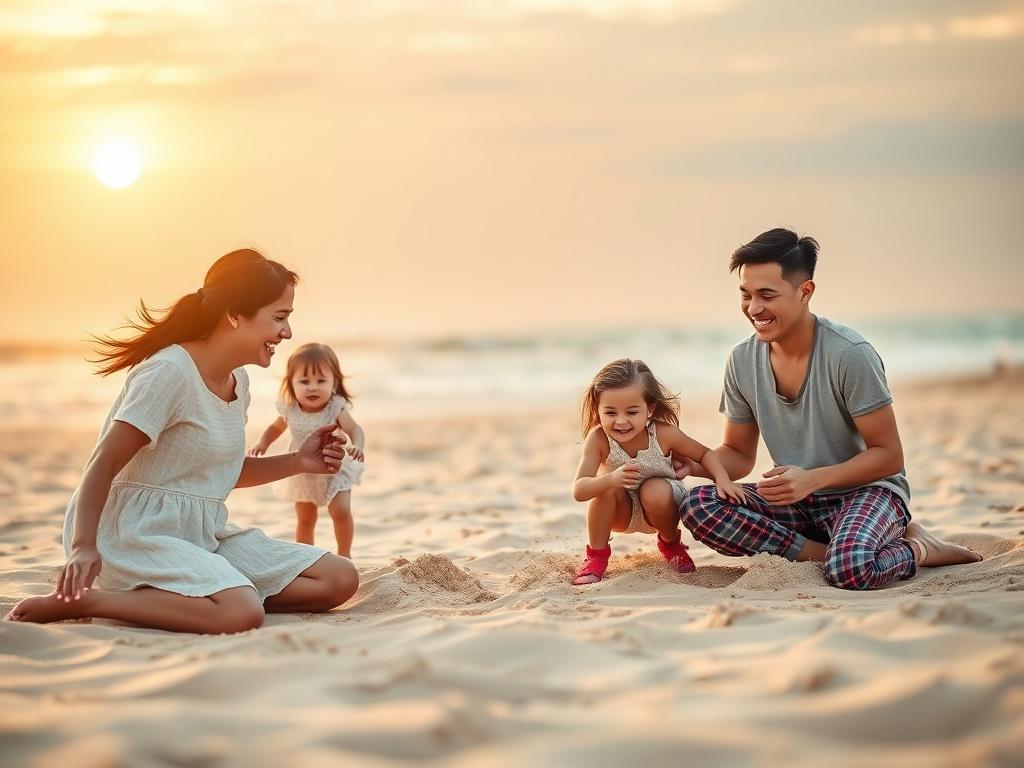A happy family enjoying a vacation together at a beach,
