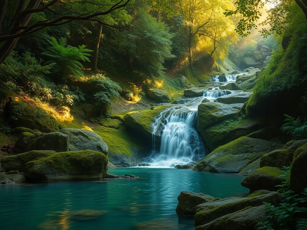 Create a realistic high-resolution photo for a blog titled "Hidden Gems Travel Post." The composition should be simple and clear, featuring a single subject: a serene hidden waterfall nestled within a lush, emerald-green forest. The waterfall should cascade gently over smooth, moss-covered rocks, creating a tranquil pool at its base, reflecting the surrounding greenery. Sunlight filters through the dense tree canopy above, casting soft, golden hues across the scene, enhancing the inviting atmosphere. In the