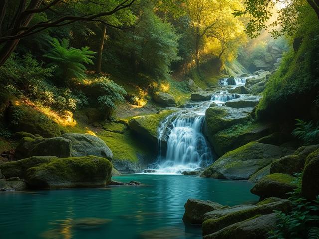 Create a realistic high-resolution photo for a blog titled "Hidden Gems Travel Post." The composition should be simple and clear, featuring a single subject: a serene hidden waterfall nestled within a lush, emerald-green forest. The waterfall should cascade gently over smooth, moss-covered rocks, creating a tranquil pool at its base, reflecting the surrounding greenery. Sunlight filters through the dense tree canopy above, casting soft, golden hues across the scene, enhancing the inviting atmosphere. In the