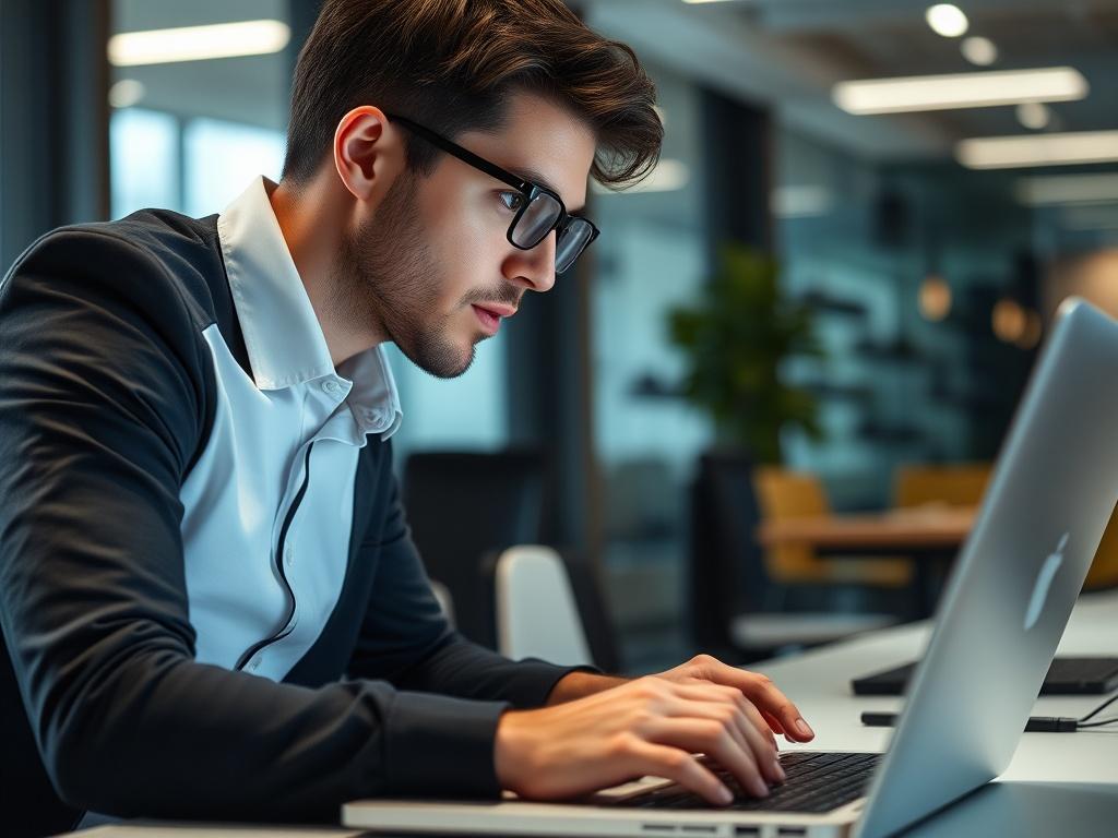 A close-up shot of a focused IT consultant, engaged in troubleshooting a complex system on a laptop. The background should be a modern, well-lit office environment, emphasizing professionalism. Use high-resolution detail, shot with a 45mm f/1.2 lens to create a sharp, engaging image that highlights the consultant's expertise and focus.