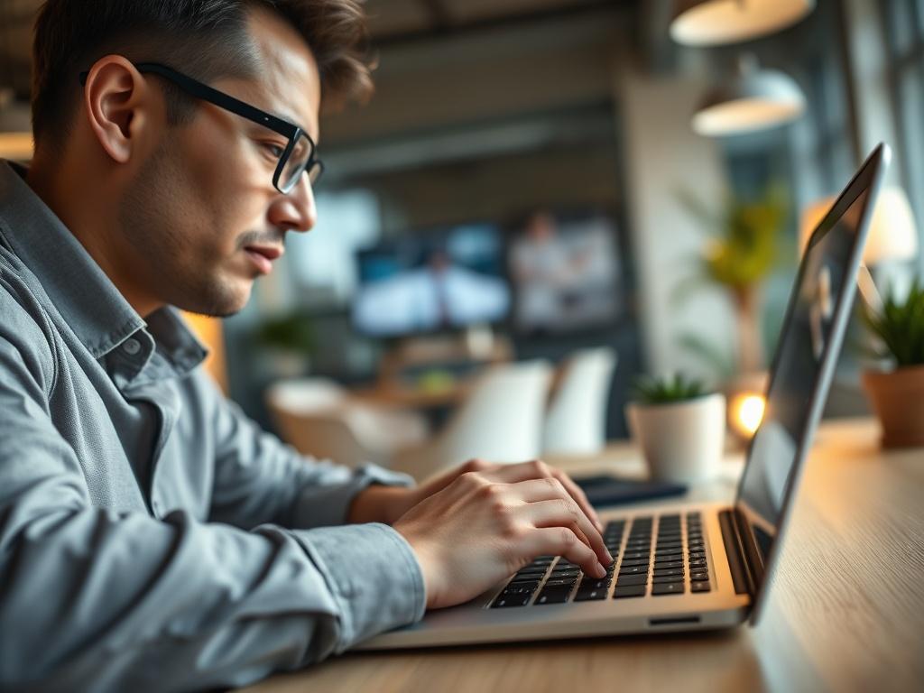 A high-resolution close-up image of a temporary IT professional working intently on a laptop in a modern office space. The focus is on the professional's hands typing on the keyboard, symbolizing productivity and expertise. The background features an inviting workspace with soft lighting, creating a warm atmosphere. The image should be hyper-realistic, capturing the details of the keyboard and the professional's focused expression, shot with a 45mm f/1.2 lens.
