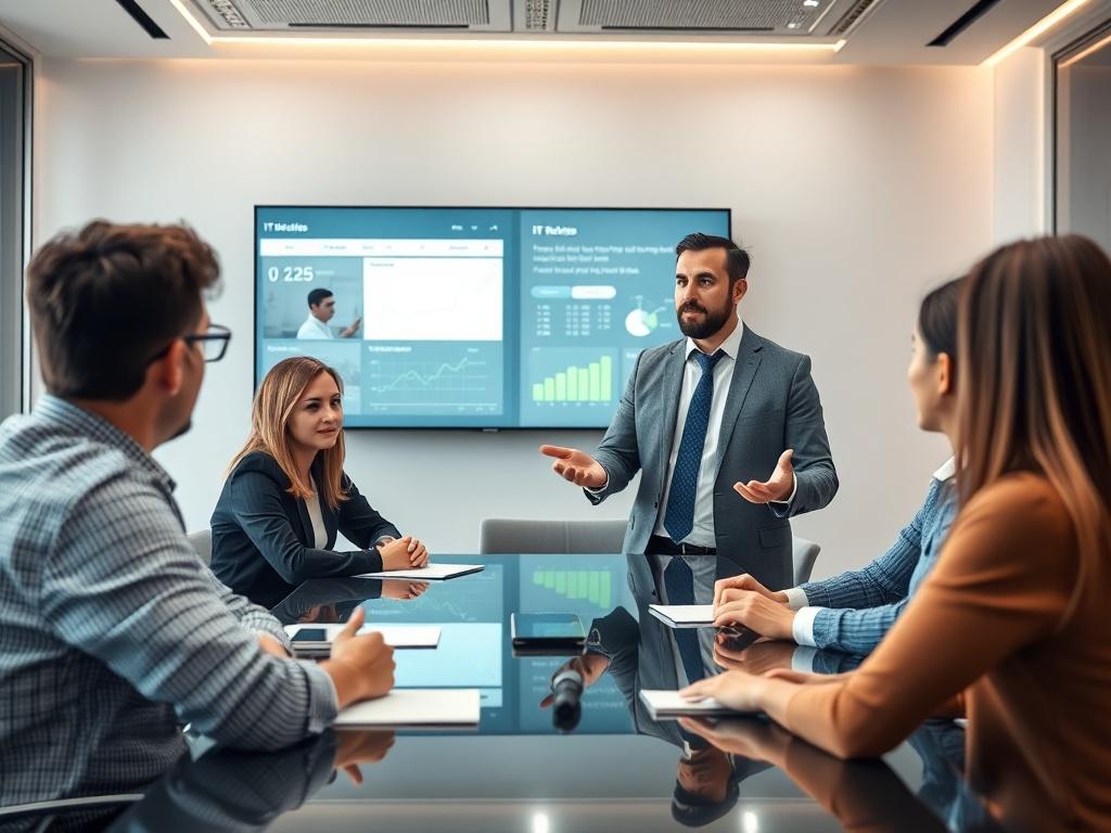 A close-up shot of a team meeting in a modern conference room, where a temporary IT consultant is presenting ideas to the team. The focus is on the consultant's confident demeanor and engaging presentation style. The background features a sleek conference table and a digital screen displaying relevant information. The image should be high-resolution and hyper-realistic, capturing the dynamic interaction between the consultant and the team members, shot with a 45mm f/1.2 lens.