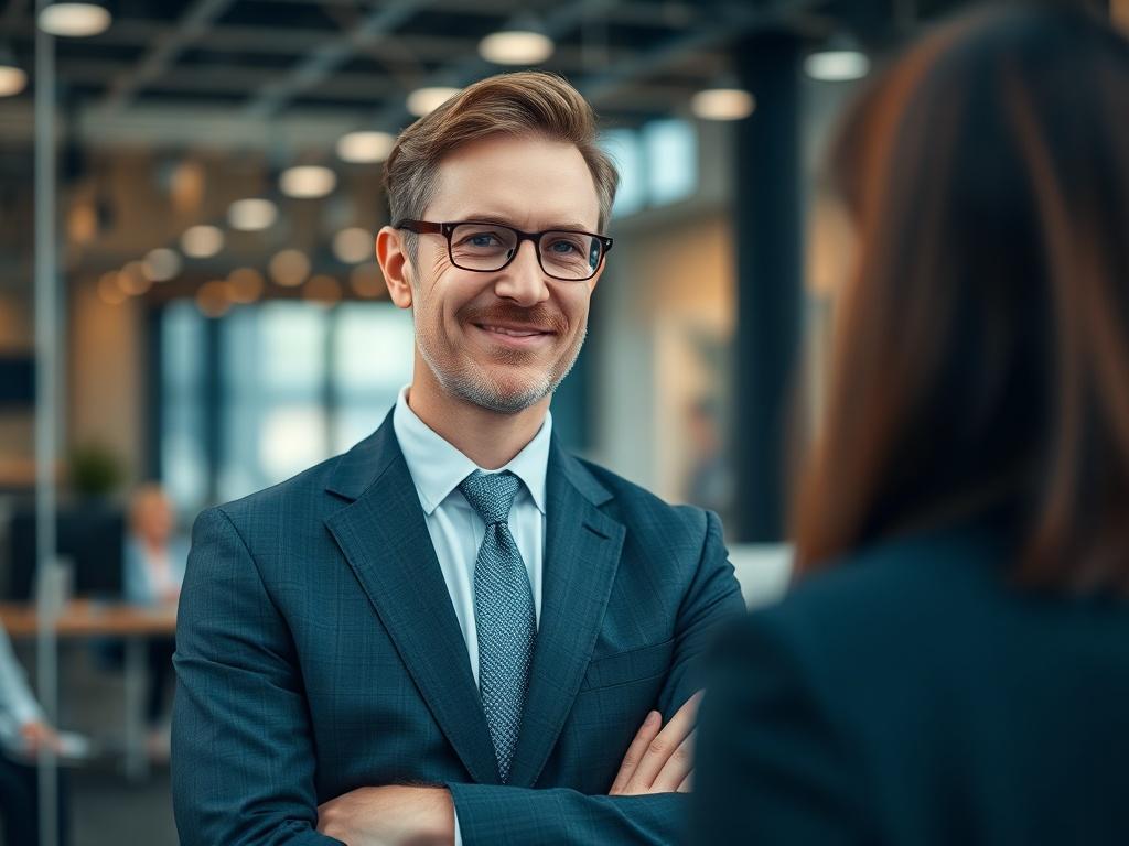 A close-up shot of a confident IT consultant wearing a business suit, standing in a modern office setting. The consultant is engaged in a discussion with a client, showcasing professionalism and expertise. The background is slightly blurred to emphasize the subject while capturing the essence of a dynamic work environment. The image should be high-resolution, rendered in a hyper-realistic style, with a focus on the details of the consultant's expression and attire, shot with a 45mm f/1.2 lens.