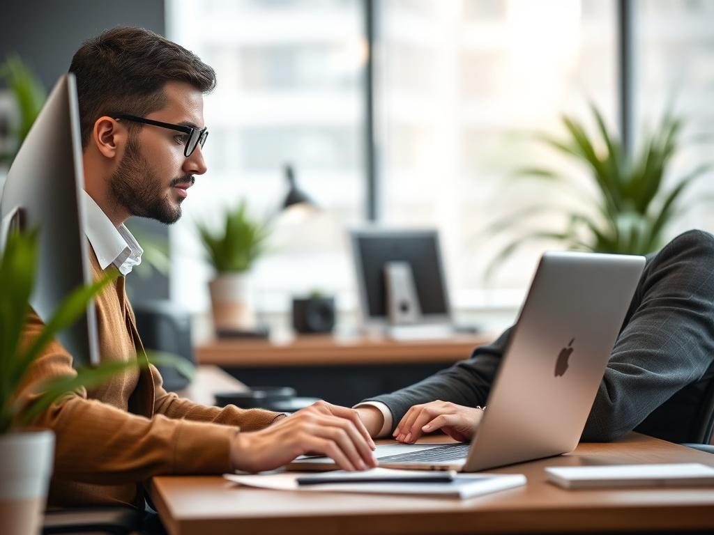 A close-up shot of a confident IT consultant, mid-action, working on a laptop in a modern office environment. The individual is engaged, looking at the screen with a focused expression. The background features a sleek desk setup with tech gadgets and a subtle hint of greenery, ensuring a professional yet inviting atmosphere. The image should be rendered in hyper-realistic quality, shot with a 45mm f/1.2 lens style, emphasizing the consultant’s dedication and expertise.