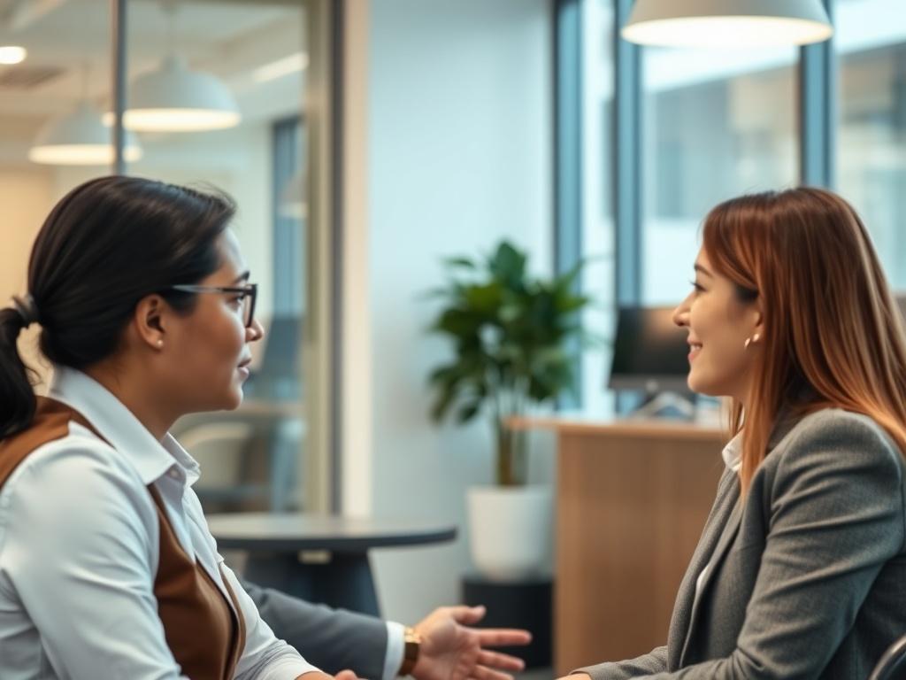 A close-up shot of a recruitment specialist conducting an interview with a candidate in a modern office setting. The specialist is actively listening, showcasing engagement and professionalism. The background features a stylish office environment with soft lighting and contemporary decor, emphasizing a welcoming atmosphere. The image should be hyper-realistic, captured with a 45mm f/1.2 lens style, focusing on the interaction and connection between the specialist and the candidate.