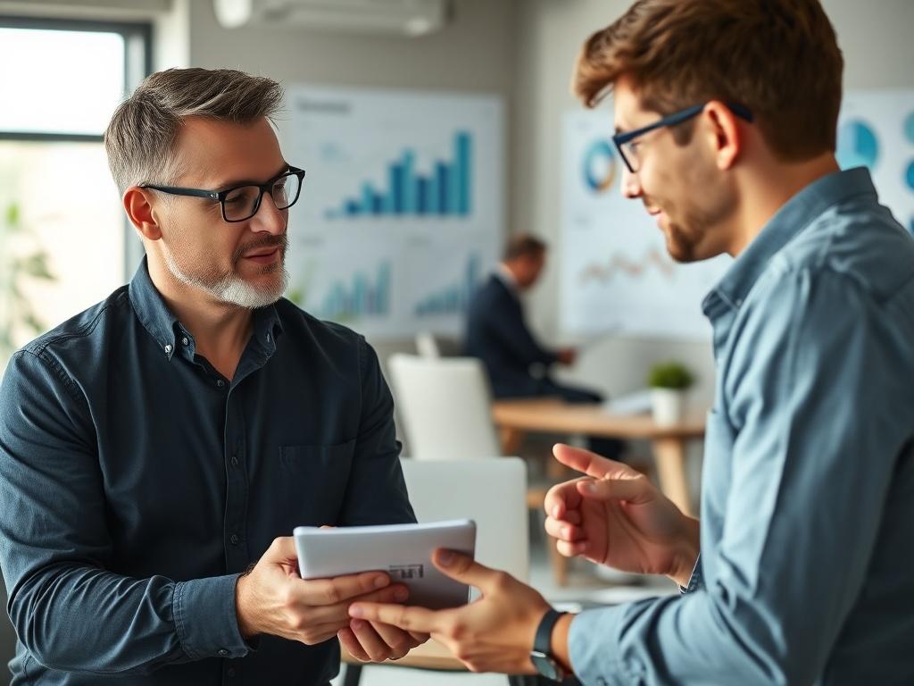 A close-up shot of a team leader discussing performance metrics with a new hire in an office space. The leader appears supportive and encouraging, while the hire listens attentively, taking notes. The background showcases a collaborative work environment with charts and graphs on display, promoting a culture of growth. The image should be hyper-realistic, taken with a 45mm f/1.2 lens style, capturing the positive interaction and potential for future collaboration.