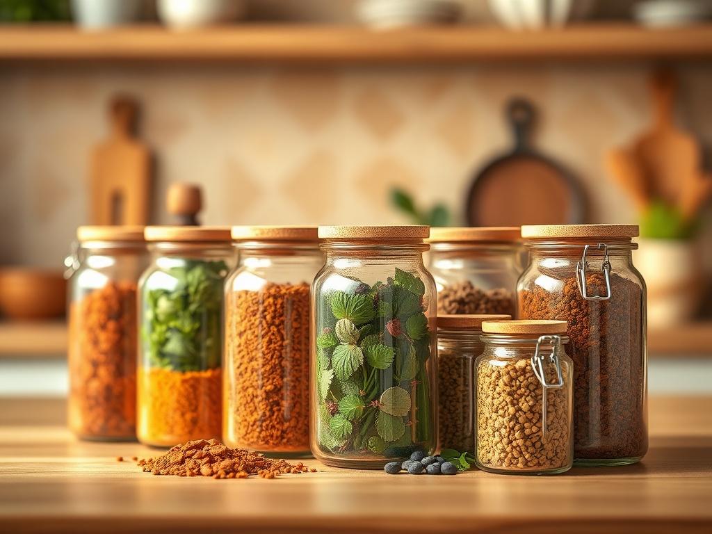 A beautifully organized display of assorted organic spices in glass