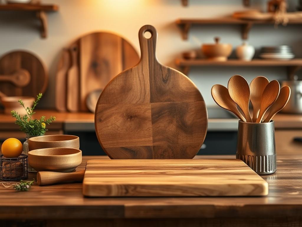 An elegant arrangement of handcrafted wooden kitchenware, including a large