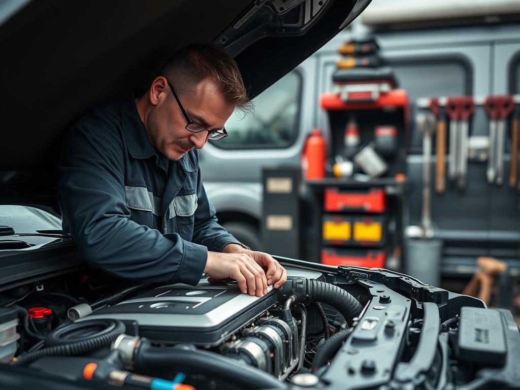 A mobile technician working on a car's engine, surrounded by