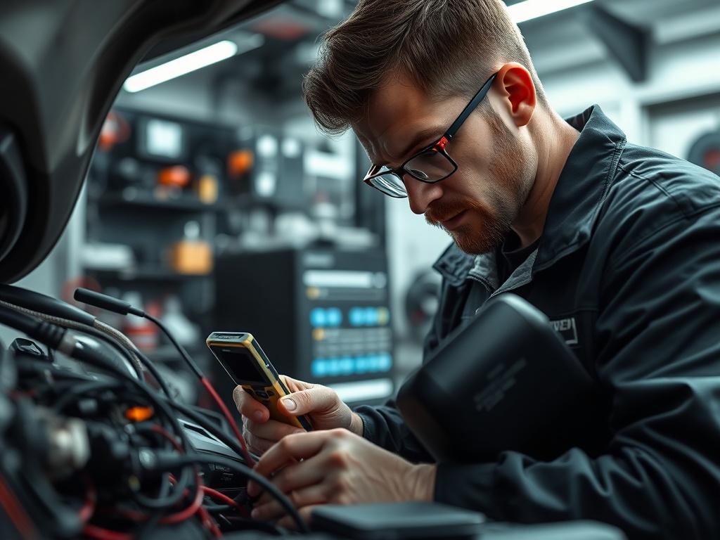A technician examining a car's wiring system with advanced diagnostic