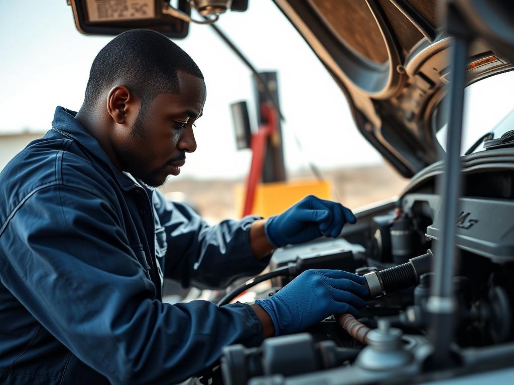 A black male mechanic working diligently on a vehicle's engine. He is wearing a blue jumpsuit and gloves, focused on repairing the engine components. The setting is a well-lit outdoor environment with tools and equipment scattered around. The background shows a clear sky, emphasizing a bright and sunny day.