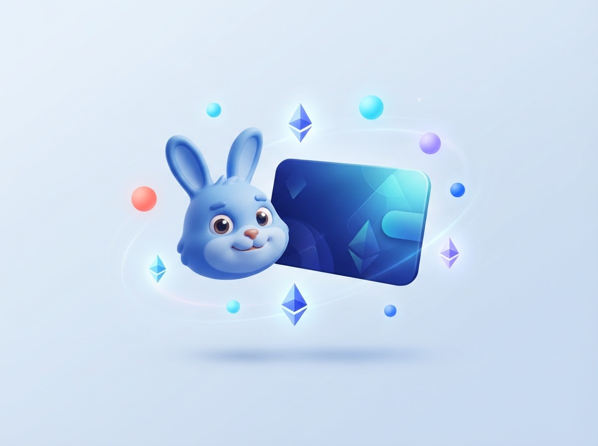 A playful blue rabbit mascot surrounded by colorful digital assets