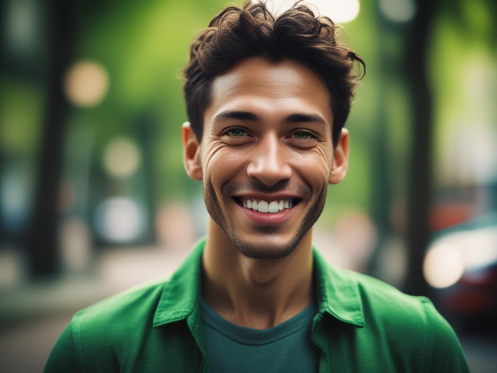 A focused close-up portrait of a confident, smiling person with a thoughtful expression, captured with a 45mm f/1.2 lens, showcasing vibrant green tones in the background, reflecting a sense of empowerment and positivity.