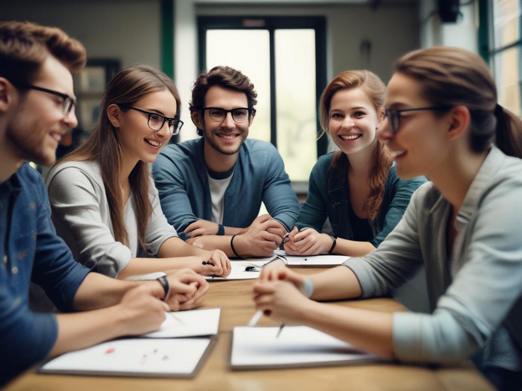 dynamic group workshop setting with participants actively engaging, vibrant atmosphere, focused expressions, hyper-realistic, 45mm f/1.2 lens style