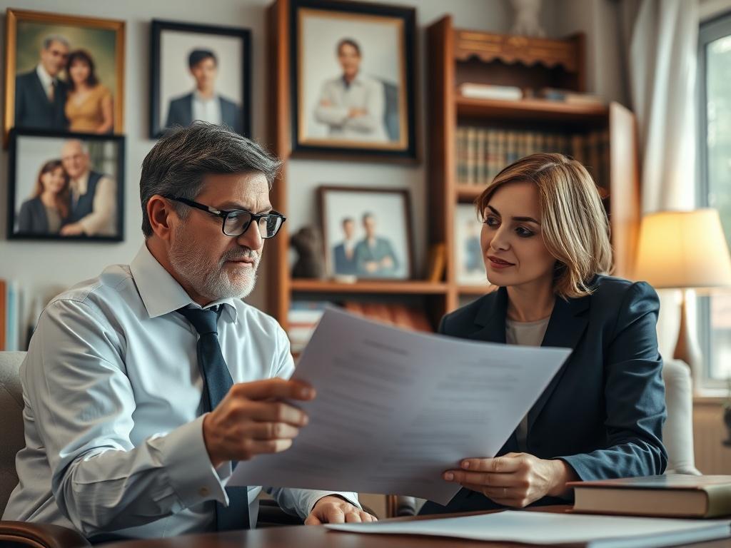 A close-up of a family lawyer discussing a legal document with a client in a cozy office setting. The background includes family portraits and legal books, creating a warm and inviting atmosphere.