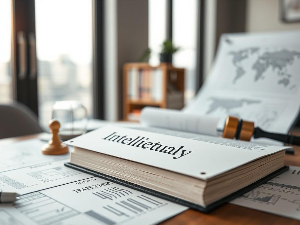 A close-up of a law book with the words 'Intellectual Property' visible, surrounded by trademark symbols, patent documents, and design sketches. The setting is a sleek, modern office with natural light coming through a window, emphasizing focus and professionalism.