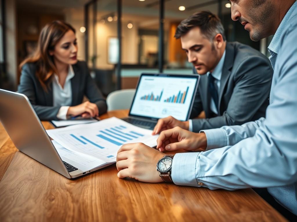 A close-up of a professional consultation between two business partners discussing documents on a wooden table, with a laptop open displaying charts. The background features a modern office environment, conveying a sense of collaboration and strategic planning.